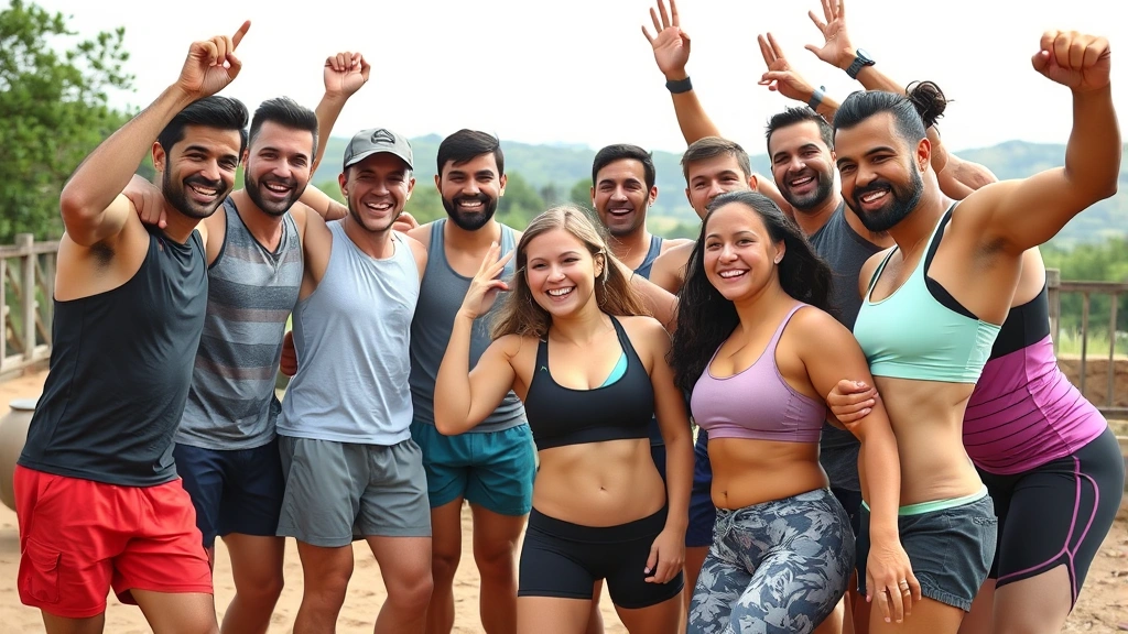 Diverse group of fitness enthusiasts celebrating together after completing a challenging outdoor workout, genuine joy and camaraderie