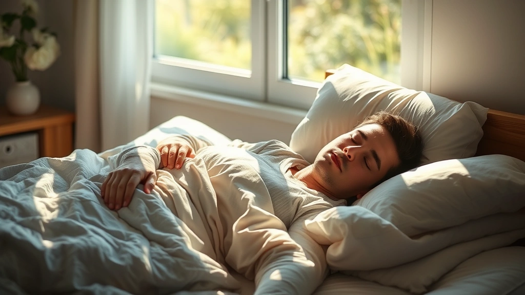 Person sleeping peacefully in bed with natural morning sunlight coming through window, peaceful recovery scene