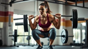 A woman doing a barbell squat in a well-lit gym, mid-rep with proper form, wearing athletic gear, focused expression, natural gym environment