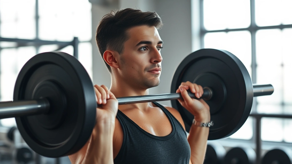 Person doing a barbell deadlift with perfect form in a bright gym, focused expression, sweat visible, natural lighting from large windows