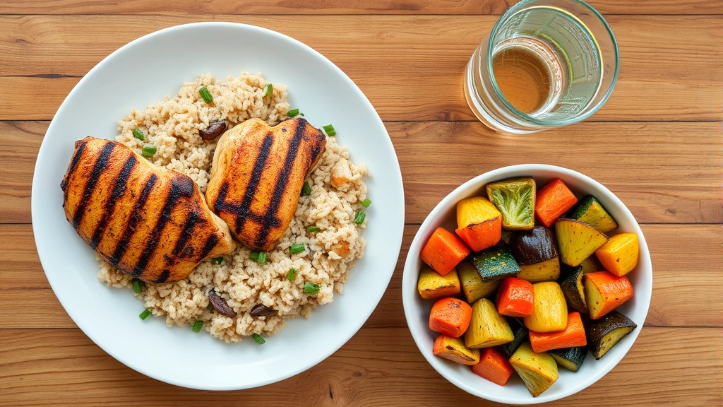 Overhead view of a colorful meal prep spread with grilled chicken, brown rice, roasted vegetables, and a glass of water on a wooden table