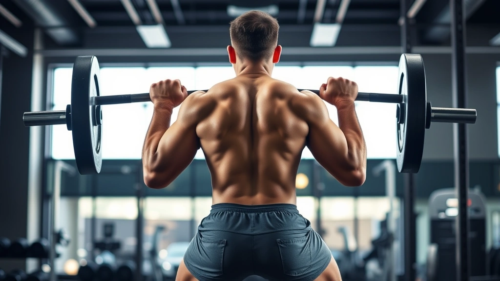 Athletic person performing a barbell back squat with perfect form in a well-lit gym, controlled movement mid-rep, focused expression, professional gym setting