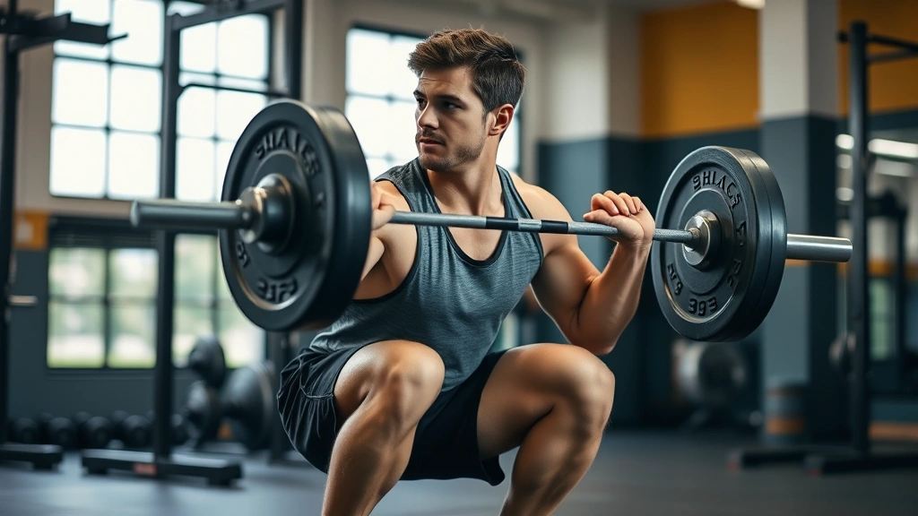 Person performing a barbell squat with perfect form in a well-lit gym, showing deep range of motion and controlled movement, focused expression