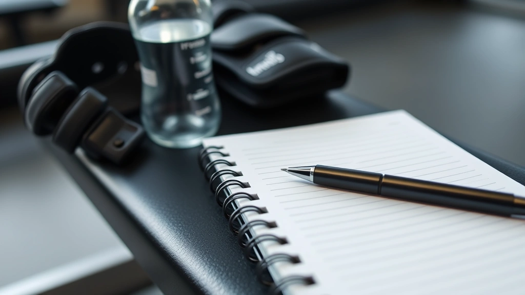Close-up of a fitness journal and pen next to water bottle and workout gloves on gym bench, natural lighting showing tracking progress