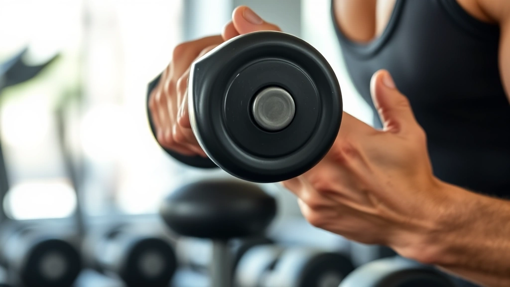 Close-up of hands gripping dumbbells during a strength training session, showing proper form and muscle engagement, natural gym lighting