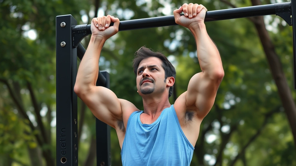 Person doing a challenging pull-up variation at a pull-up bar, muscles engaged, determination visible, natural outdoor gym environment