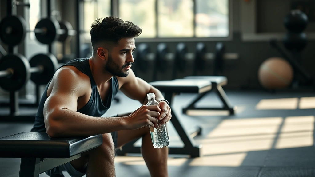 Athlete resting between sets on a bench, looking recovered and focused, holding a water bottle, calm gym environment with natural lighting