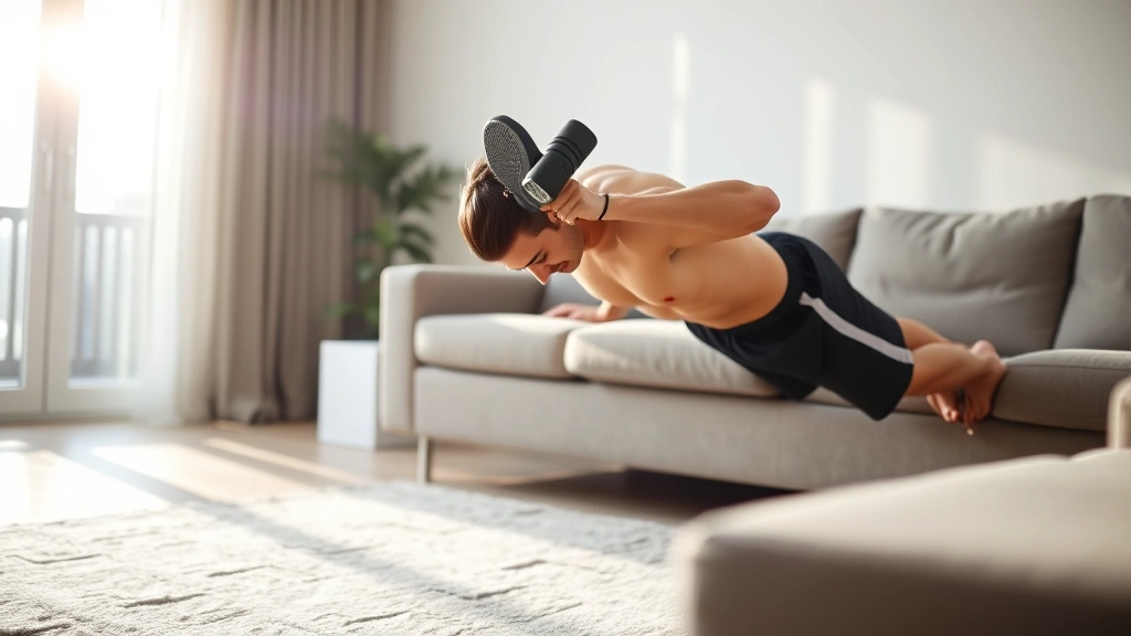 Athletic person doing decline pushups with feet on a couch, engaged core, living room setting, morning light streaming through windows