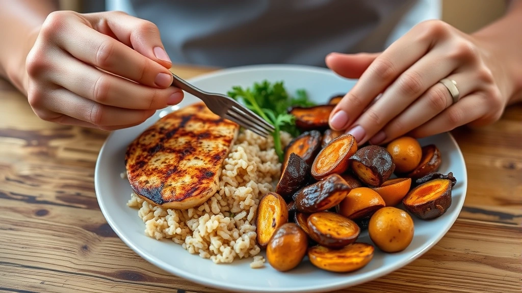 Person eating a balanced meal with grilled chicken breast, brown rice, and roasted vegetables on a plate, natural table setting, warm lighting