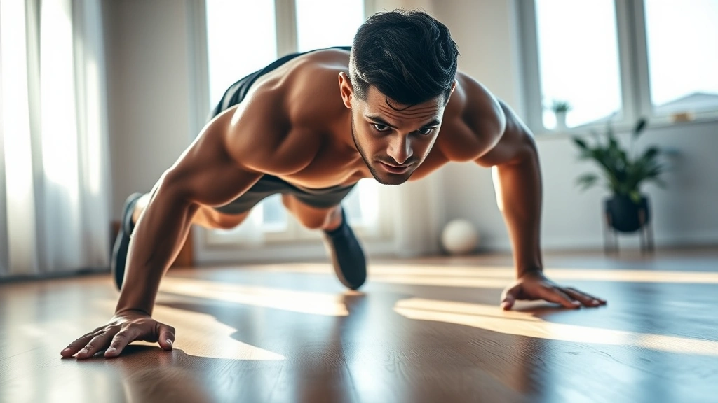 Athletic person doing push-ups on a wooden floor in a bright home gym space, morning sunlight streaming through windows, focused expression, sweat visible, modern minimalist room background