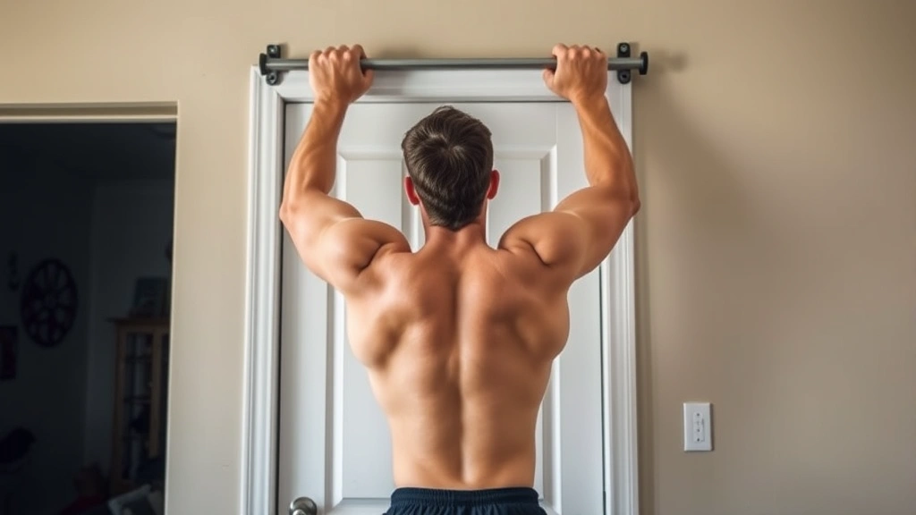 Person doing pull-ups on a doorway bar in a home setting, back muscles engaged, full extension visible, casual home gym environment, neutral background, athletic build