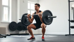 Person performing a barbell squat with perfect form in a well-lit gym, showing controlled movement and strong posture, natural daylight through windows