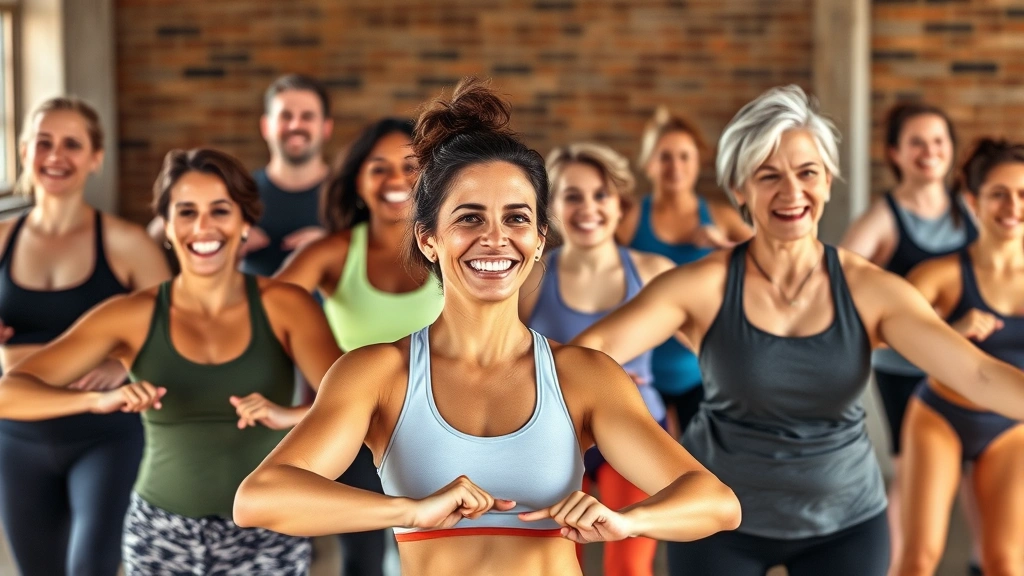 Diverse group of people of different ages and body types participating in a group fitness class together, smiling and energized, supporting each other with genuine community feel