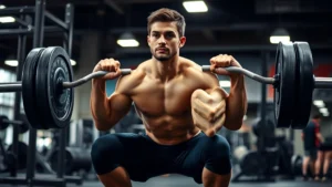 Athletic person performing a barbell squat with excellent form in a commercial gym, focused expression, proper depth, bright lighting