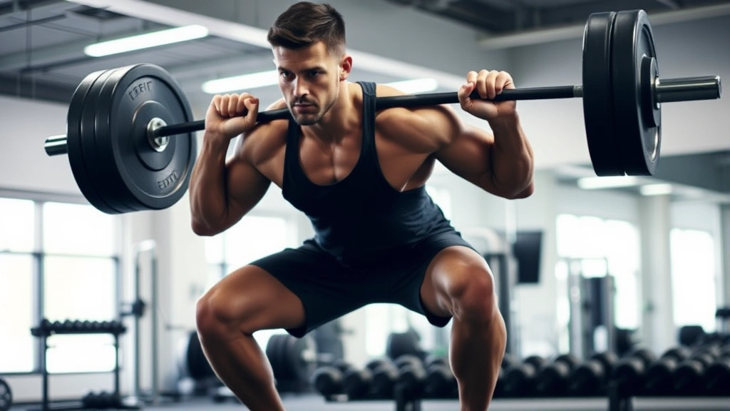 Athletic person performing a barbell squat in a well-lit gym, showing proper form with muscular definition, intense focus, dumbbells and equipment visible in background