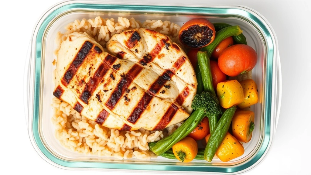 Overhead shot of a meal prep container with grilled chicken breast, brown rice, and roasted vegetables, fresh and appetizing, clean white plate