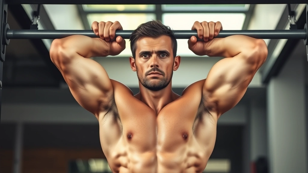 Person doing a pull-up on a bar with defined muscles visible, concentrated expression, gym setting with natural lighting, showing upper body strength