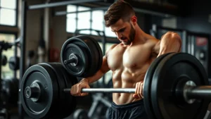 Fit person in gym adding weight plates to barbell with focused intensity, gym setting with natural lighting, realistic gym environment