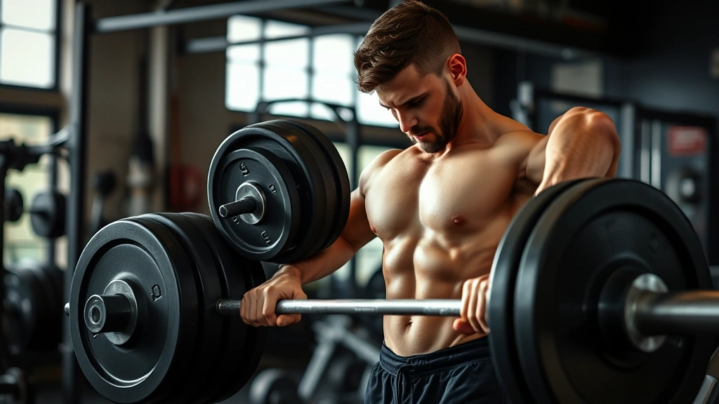 Fit person in gym adding weight plates to barbell with focused intensity, gym setting with natural lighting, realistic gym environment