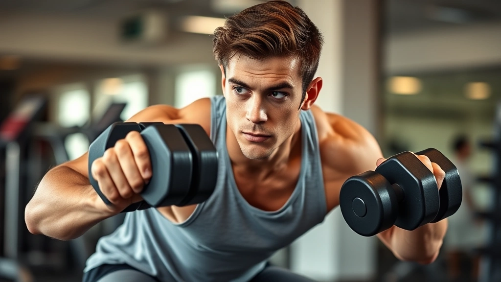 Athletic person in gym with dumbbells, mid-squat, focused expression, natural lighting, sweat-free appearance, modern gym setting