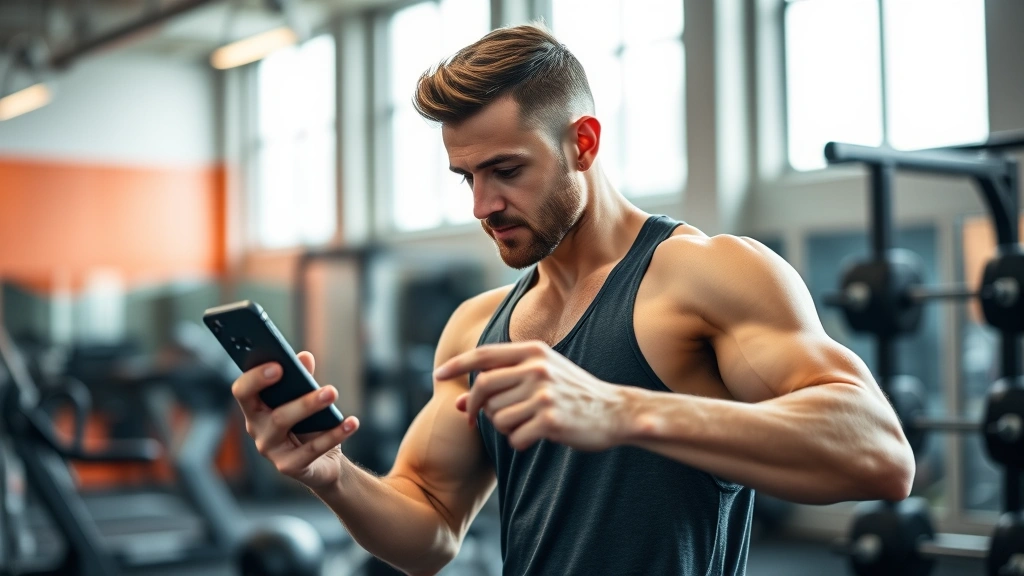 Athlete recording workout data on phone at gym, tracking progress with determination, modern fitness tracking scenario, natural gym lighting