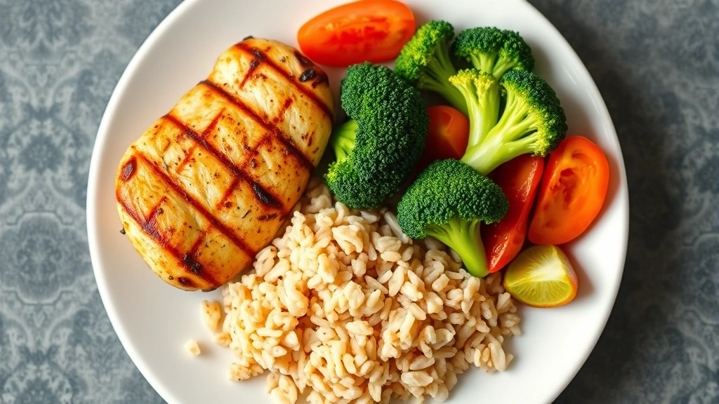 Overhead shot of balanced meal plate with grilled chicken breast, brown rice, steamed broccoli, and colorful vegetables, natural daylight