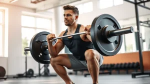 Person doing a barbell squat with perfect form in a bright, modern gym with natural lighting, focused expression, sweat visible, mid-rep intensity