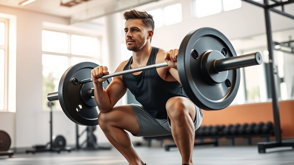 Person doing a barbell squat with perfect form in a bright, modern gym with natural lighting, focused expression, sweat visible, mid-rep intensity