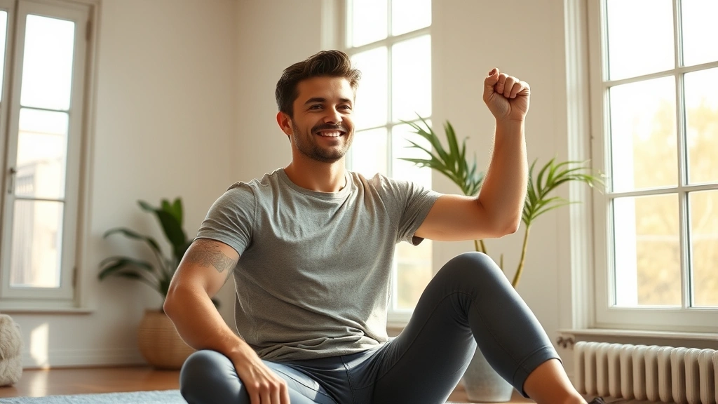 Person doing a simple 10-minute home workout in casual clothes, natural morning light through windows, relaxed confident expression, minimalist background