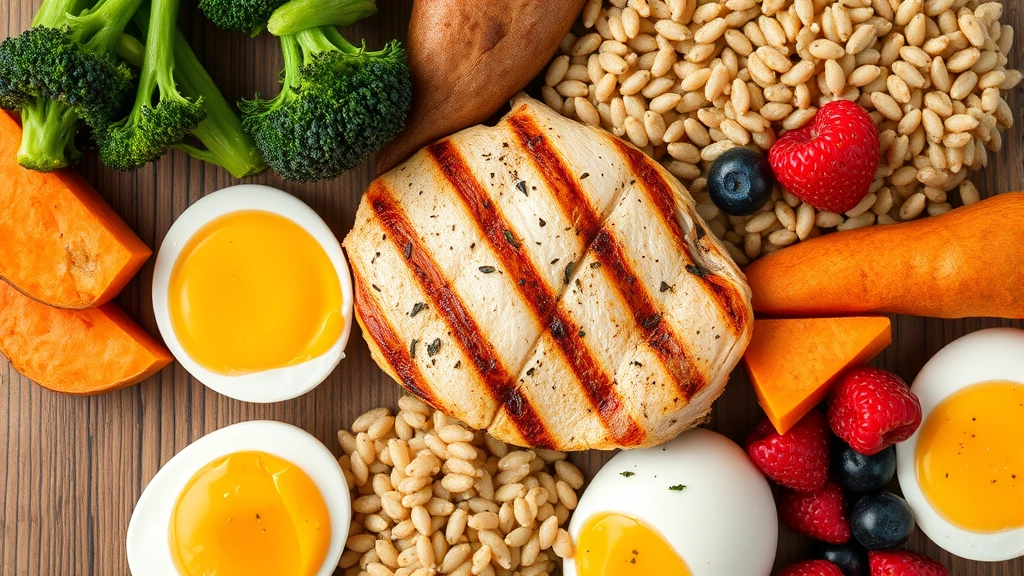Close-up of colorful whole foods on a wooden table: grilled chicken breast, broccoli, sweet potato, brown rice, eggs, fresh berries, overhead shot