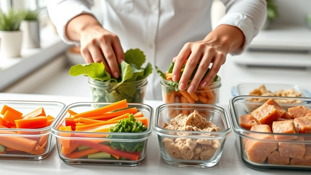 Close-up of hands meal prepping fresh vegetables and proteins in glass containers, clean kitchen counter, natural lighting, organized and calm atmosphere