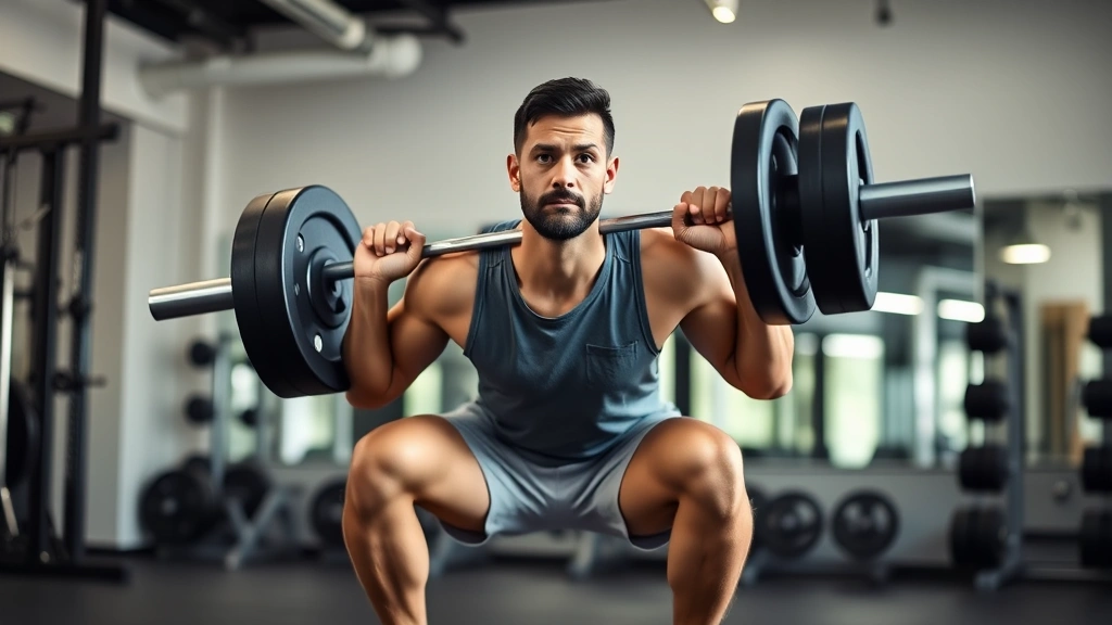 Person performing a perfect barbell squat in a modern gym, focused expression, proper form with deep stance, natural lighting highlighting muscles engaged