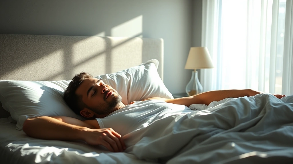 Fit man sleeping peacefully in bed with morning sunlight, representing quality sleep and recovery as essential to strength training progress