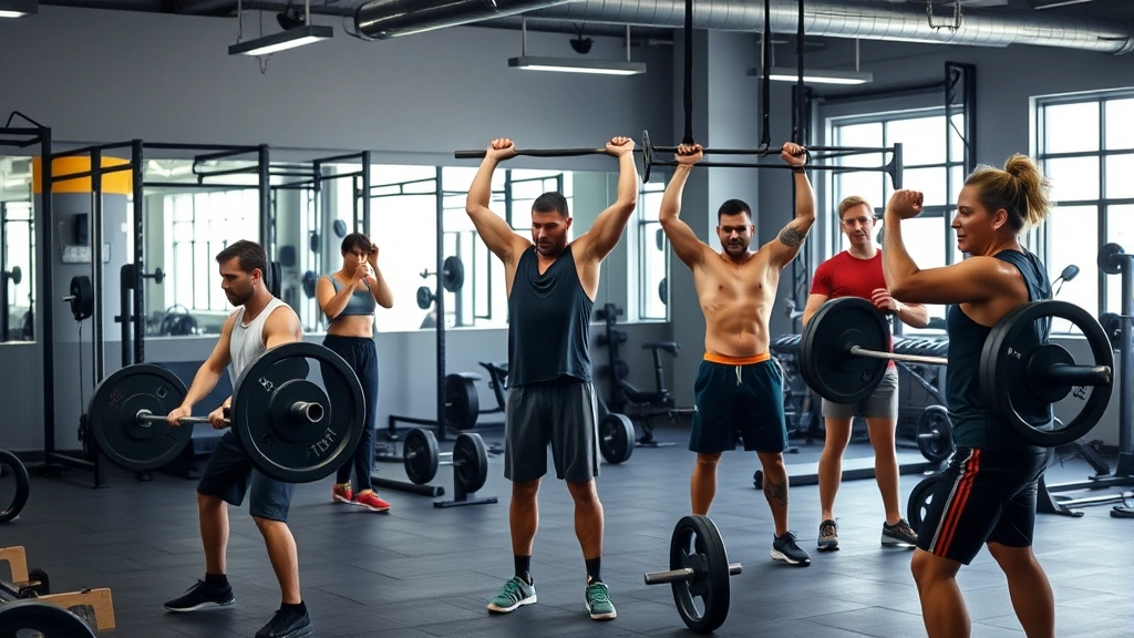 Diverse group of people doing different exercises in a gym—one deadlifting, one doing pull-ups, one pressing—showing various training methods and inclusive strength building