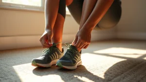 Person tying running shoes on a sunny morning, ready for a jog, natural light streaming through a window, peaceful and motivated expression