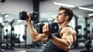 Athletic person performing dumbbell bench press on a flat bench in a well-lit gym, focused expression, professional fitness environment