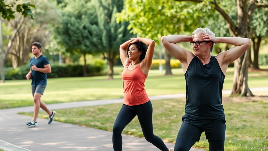 Group of diverse people doing various exercises outdoors—one walking, one stretching, one doing bodyweight exercises—in a park setting, natural and inclusive atmosphere