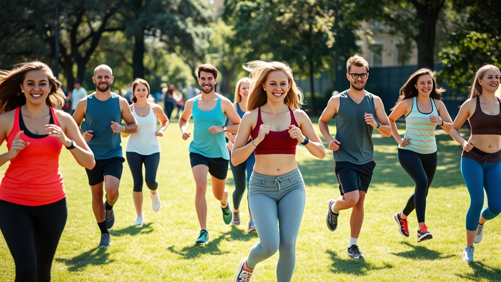 Group of diverse people exercising outdoors in a park, genuine smiles and movement, natural daylight, grass and trees visible, various fitness levels represented