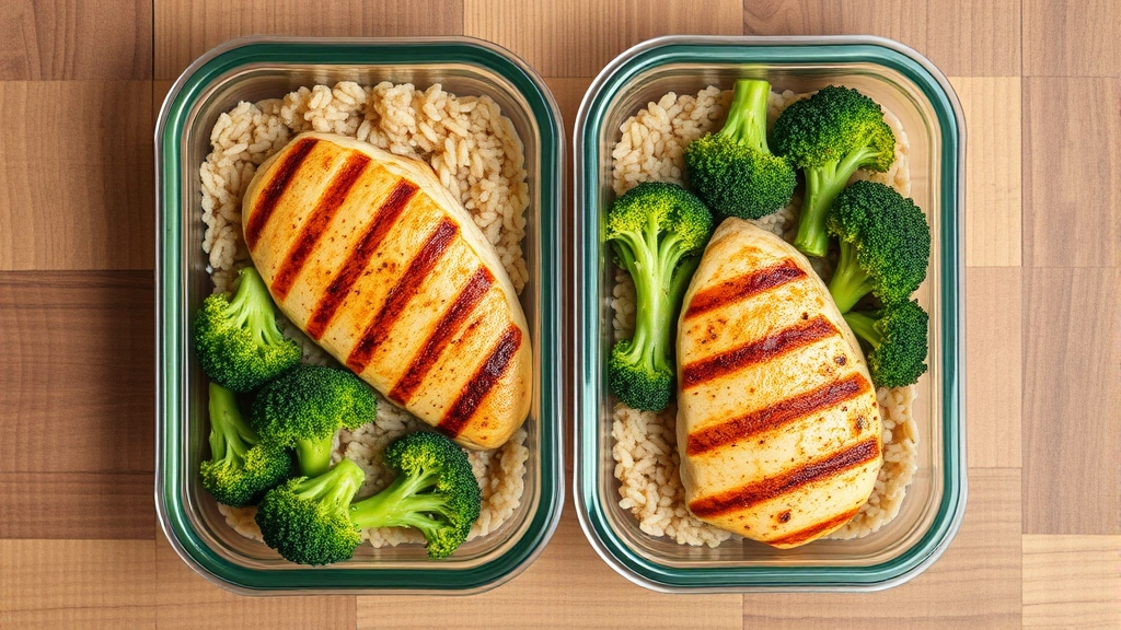 Overhead shot of a meal prep container with grilled chicken breast, brown rice, and broccoli, fresh and nutritious looking