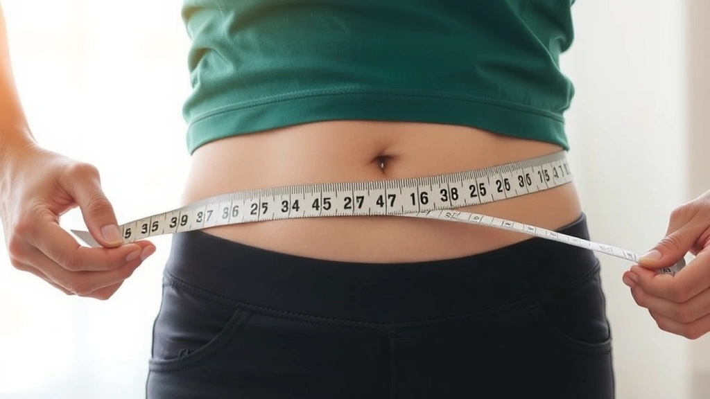 Person checking body measurements with a tape measure around their midsection, natural lighting, tracking progress moment