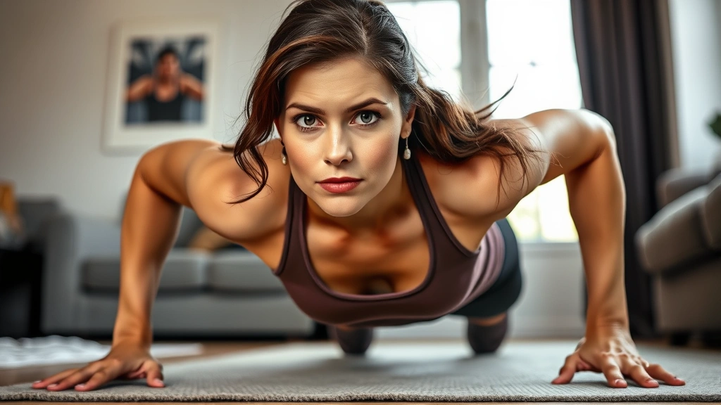Woman doing a pushup at home with a determined expression, simple living room setting, natural window light, strong form, real and approachable