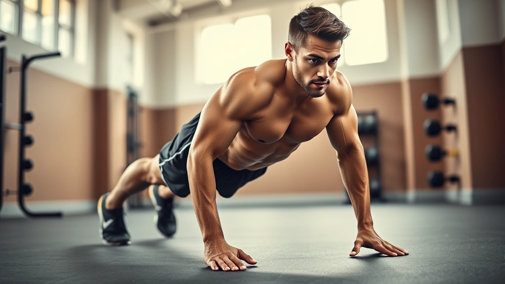 Person doing burpees in a bright, modern gym with natural lighting, showing explosive movement and intensity, athletic build, focused expression