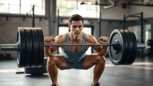 Athletic person performing a barbell squat in a well-lit gym with natural lighting, showing proper form and engagement, wearing gym clothes, focused and determined expression