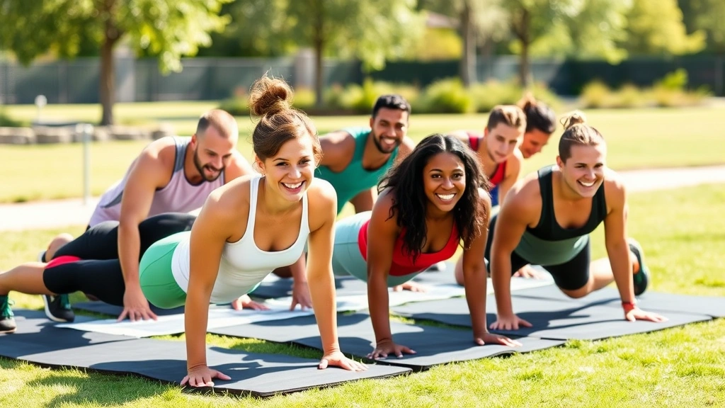 Group of diverse people doing push-ups together outdoors on a sunny morning, various fitness levels, smiling and motivated