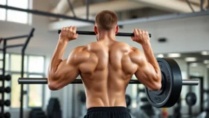 Person doing a perfect form deadlift in a bright, modern gym with natural lighting, focused expression, proper back alignment, no text or numbers visible