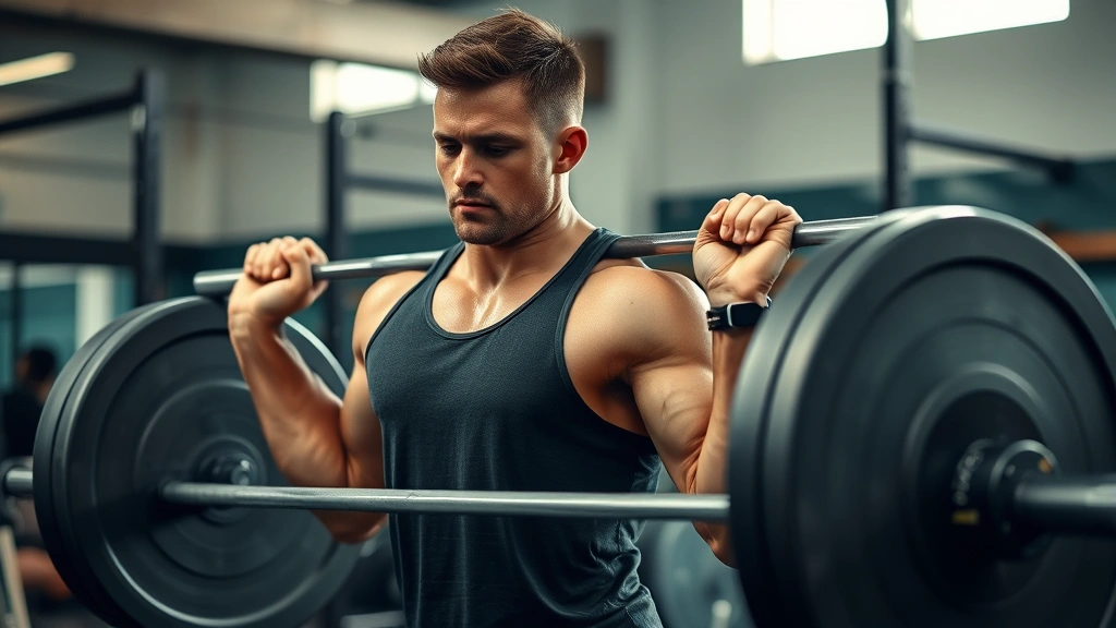 Person doing a barbell deadlift in a gym with focused form, strong posture, natural gym lighting, sweat on skin showing effort