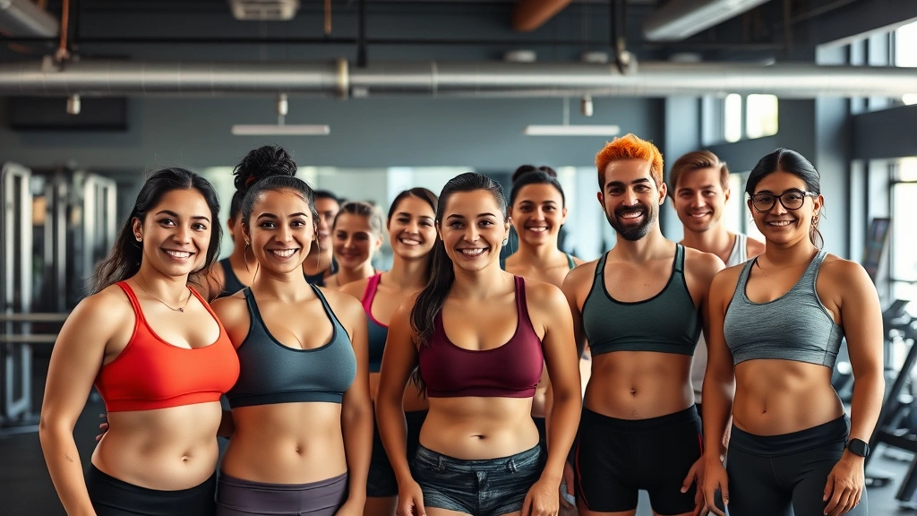 Diverse group of people at a gym looking happy and supportive, different body types, mid-workout, genuine smiles and community vibe