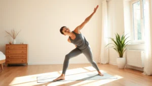 Person doing morning stretching routine in bright bedroom with natural sunlight, athletic wear, barefoot on wooden floor, peaceful and energized expression