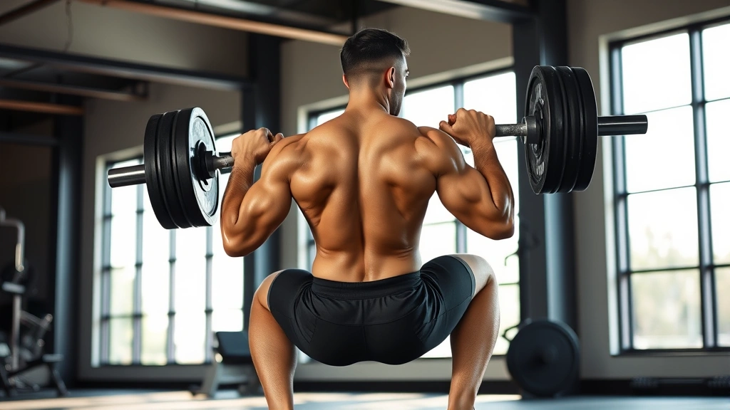 Athletic person performing a barbell back squat with controlled form in a well-lit gym, muscles engaged, focused expression, morning lighting through large windows