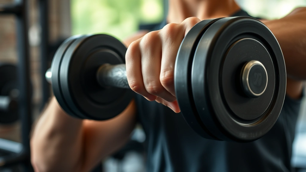Close-up of someone gripping a dumbbell mid-rep during a shoulder press, sweat visible, gym setting, natural daylight, showing proper form and intensity